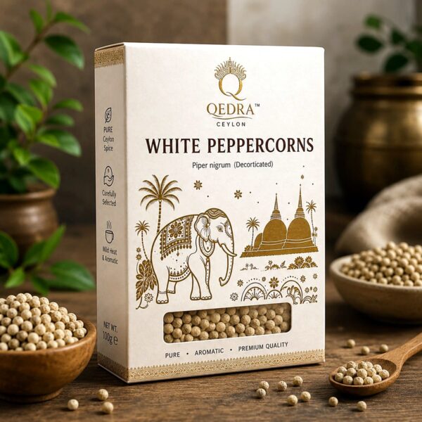 White Pepper Whole Peppercorns, Decorticated, QEDRA Retail Pack 50 g, Sri Lanka
